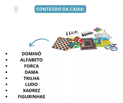 Jogos Clássicos 6 em 1 Xadrez, Ludo, Dama, Trilha, Forca e Dominó