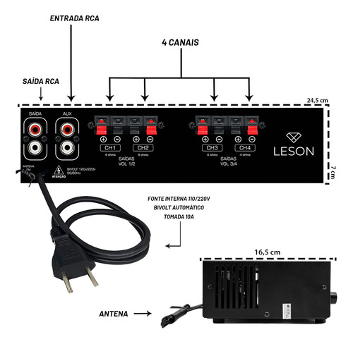 Módulo Amplificador Potência Para Caixa De Som Leson LS7600 PRO Cor Preto Potência De Saída Rms 120 W 127/220v