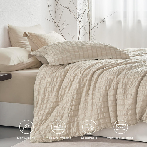Juego De Edredón Seersucker Matrimonial Gris Crema 7 Piezas