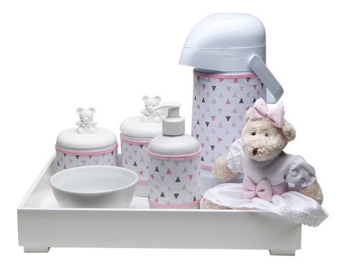 Kit Higiene Ursinho Urso Porcelana Bebê Menino Garrafa Potes Cor Toys Claro Ursa Rosa