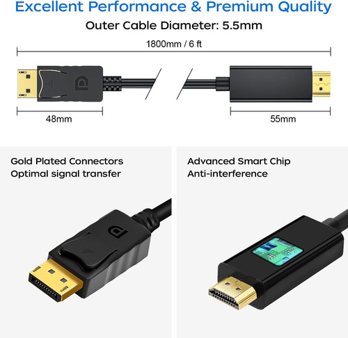 Qingler 4k Displayport A Hdmi Cable 6 Pies 2 Paquetes, De Al