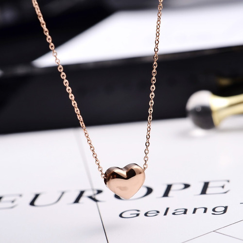 Colar Feminino Pingente Coração Banho Ouro Rosê Ou Prateado Cor Rosa-claro