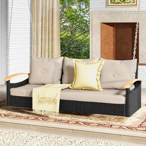 Columpio Colgante De Mimbre Para 3 Asientos, Negro-beige