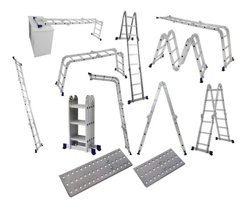 Escalera de aluminio Mor, 4 x 3, 12 peldaños, multifuncional, color azul