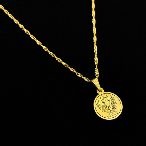 Cadena Y Dije Medalla Primera Comunión Eucaristía Oro 18k Oro 18k 50 Cm