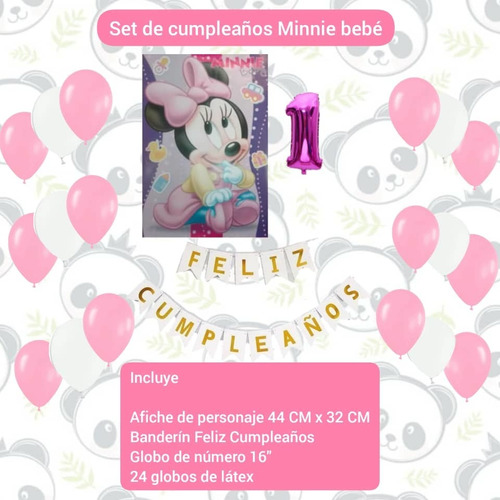 Decoración Cumpleaños Afiche Globos Banderín Minnie Bebe 