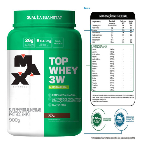 Top Whey Protein 3w 900g Isolada Conc Hid Max Titanium C/ Nf Sabor Cacau - Mais Natural Cacau