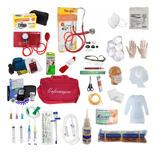 Kit Enfermagem 60 Itens Esteto E Esfigmo Completo Vermelho