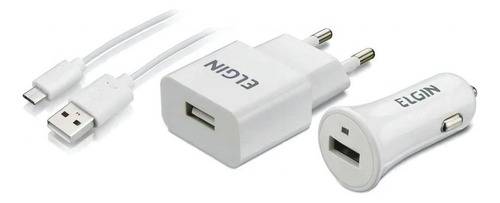 Carregador Celular Usb Tomada E Carro Elgin 5v Turbo Cor Branco