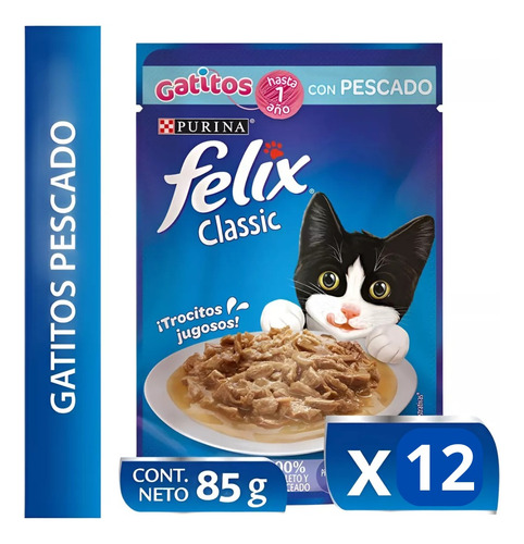 Pack 12 Sobres Alimento Para Gatos Felix Gatitos Pescado 85g