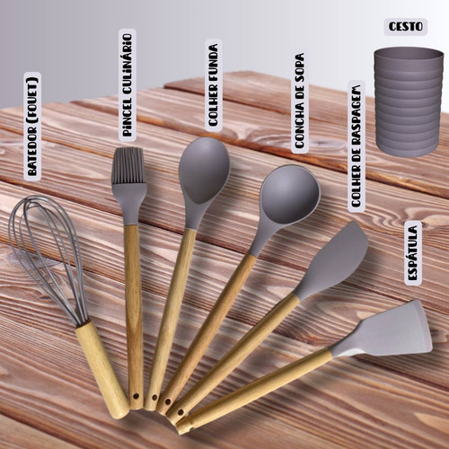 Kit Utensílios De Cozinha Em Silicone Com Cesto - 7 Peças