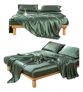 Sábanas De Seda Satin 1.5 Plazas Cubrecama Funda Almohada Ve