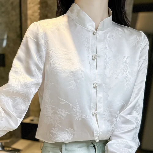 Camisa Camisa Bamboo Bird White Oriental Lady Top