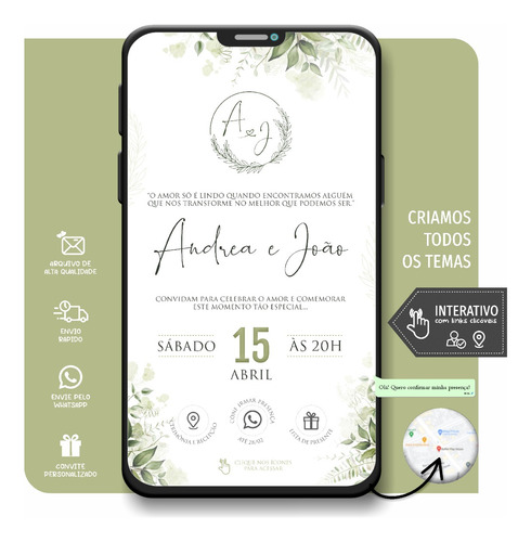 Convite Casamento Floral Verde Interativo + Sugestão Mod 145