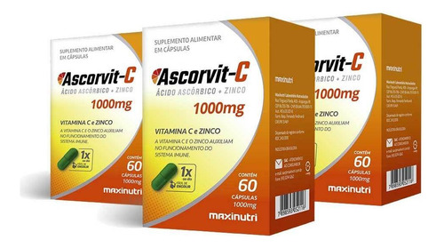 Kit 03 Ascorvit Vitamina C + Zinco 60 Cápsulas Maxinutri