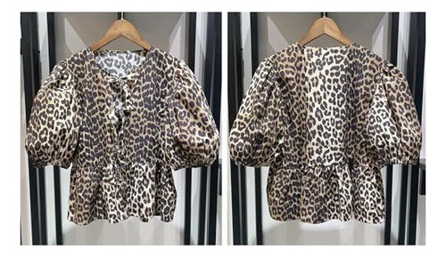 Top Mangas Abullonadas Con Volantes Y Estampado De Leopardo