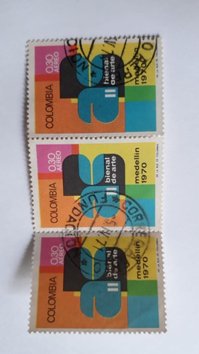  3 Sellos Postales Ii Bienal De Arte Medellín 1970