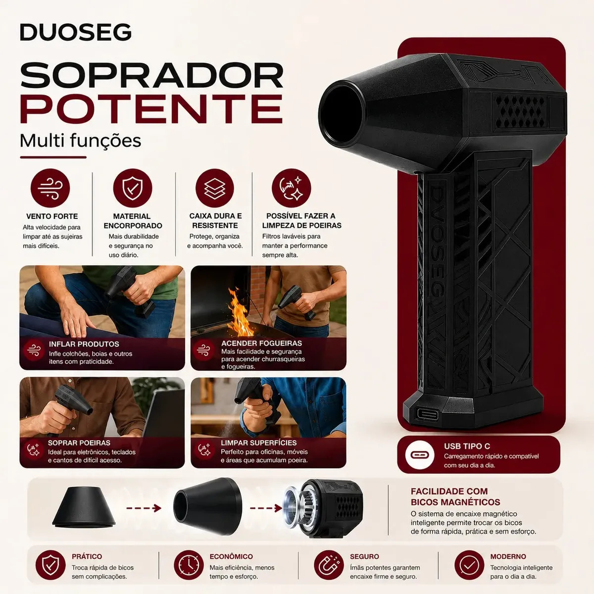 Soprador de Ar Mini Turbo Portátil USB Sem Fio Recarregável para Limpeza e Inflar DUOSEG 3