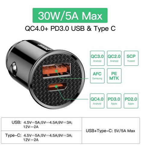 Imagem 2 de 6 de Carregador Veicular Turbo Baseus 30w Qc 4.0 Pd iPhone