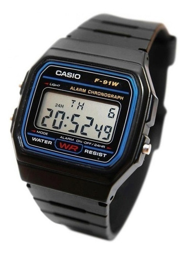 Reloj pulsera Casio Collection F-91 de cuerpo color negro, digital, fondo gris, con correa de resina color negro, dial negro, minutero/segundero negro, bisel color negro y hebilla simple
