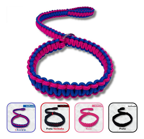 Guia Unificada Enforcador Artesanal Paracord Coleira Cor Rosa/azul