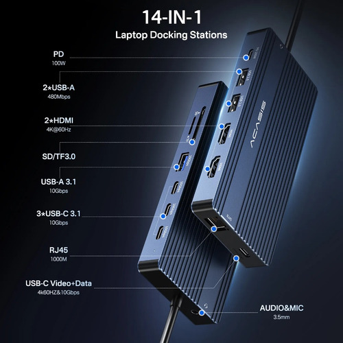 Hub Usb-c 14 Em 1 Com 3 Usb-c 10gbps 2 Hdmi 1 Usb-c 4k 60hz