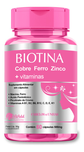 Biotina C/ Cobre Ferro Zinco + Vitaminas 60cp- Cabelos Unhas