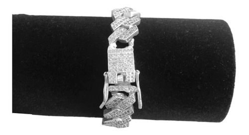 Pulseira 14mm Cravejada Quadrada Prata 925 Maciça 19 Cm