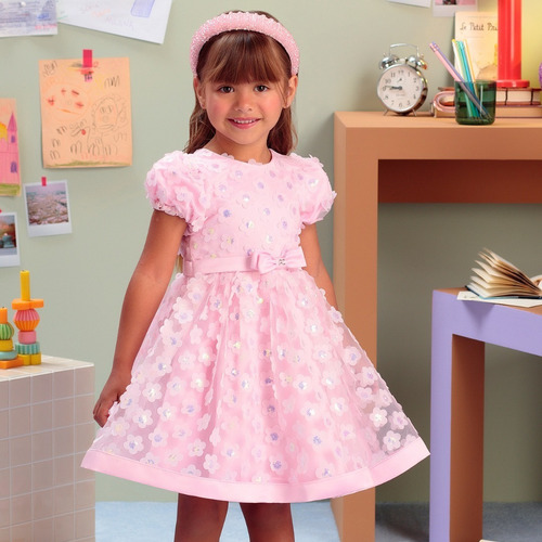Vestido De Festa Infantil Rosa Tule Petit Cherie 22350 B.e.