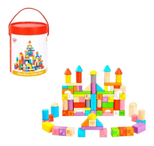 Balde De Bloques Educativos Tooky Toy Rubber Wood 135pcs