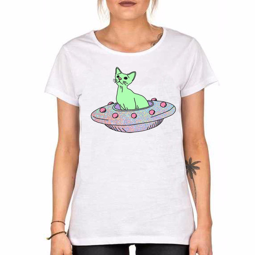 Remera De Mujer Gato Extraterrestre Alien Cat Verde Michi