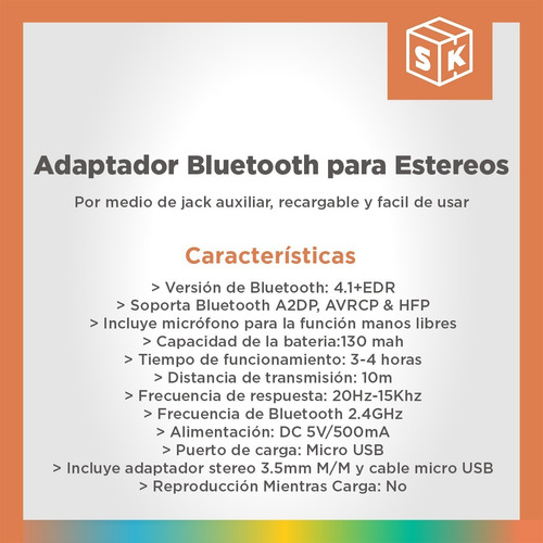 Receptor Bluetooth Entrada Auxiliar Recargable Spotify
