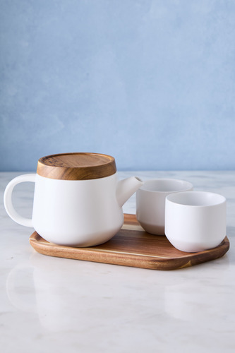 Set Leah Tetera + 2 Pocillos De Ceramica Blanca Tapa Y Bande