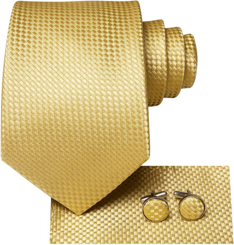 Set De Corbata , Pañuelo Y Gemelos De Seda, Dorado