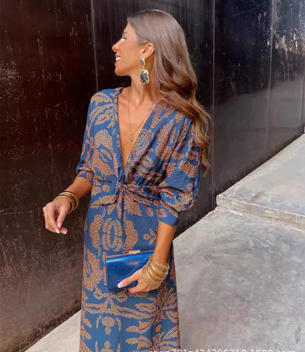 Vestido Midi Com Estampa De Outono 2024wish Com Decote Em V