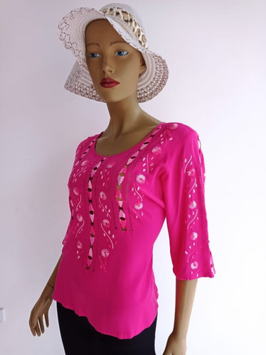 Blusa Hippie Randa Fucsia Bordados Cartago Edis