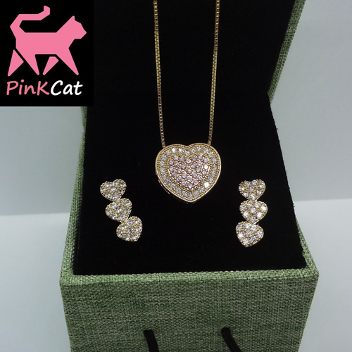 Imagem 2 de 5 de Conjunto Colar E Brincos Banhado A Ouro 18 K Pinkcat