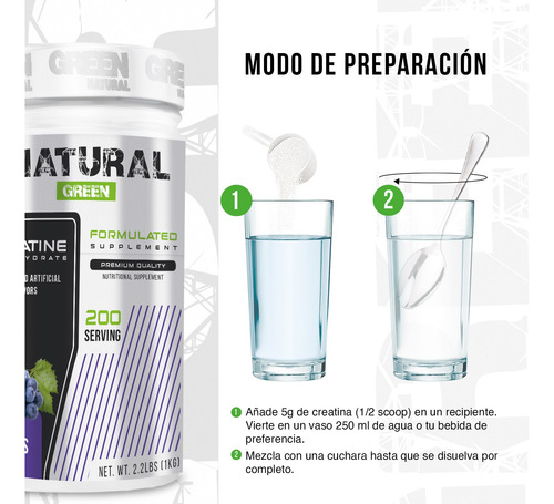 Creatina Monohidratada 1kg Green 200 Servicios Uva