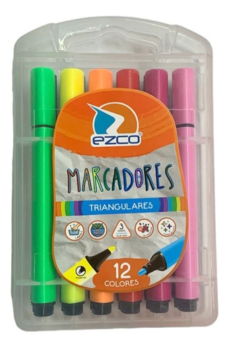 Marcadores Triangulares Ezco Valija X12 Colores Brillantes