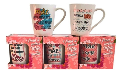 Xicara Dias Das Mães Porcelana 250ml Kit 5 Pçs Na Caixinha