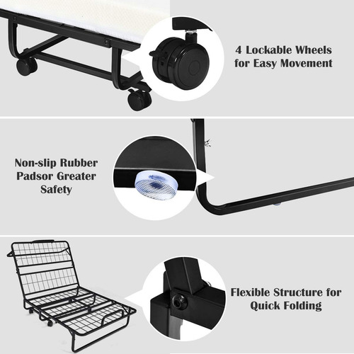 Cama Plegable Con Colchón Individual Portátil Y Ruedas