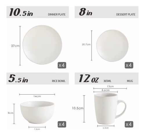Vajilla Elegante Negro Mate Para 4 Personas 16 Piezas Color Blanco Lisa