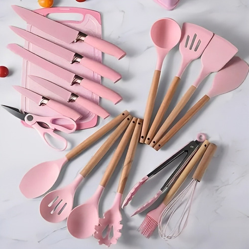 Set De Cubiertos Utensilios De Silicona Y Madera 19 Piezas Rosa