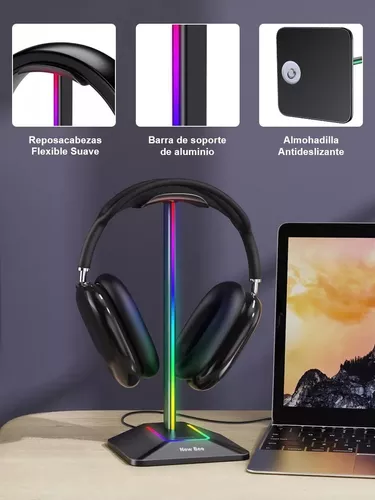  New bee Soporte para auriculares RGB con 1 puerto de carga  USB-C y 1 puerto de carga USB, soporte para auriculares de escritorio para  juegos con 7 modos de luz y