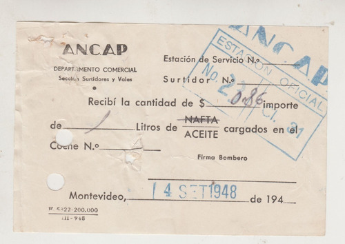 1948 Recibo De Ancap Uruguay Por Recarga De Aceite Vintage