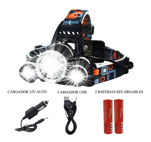 Imagen 4 de 10 de Linterna Led Recargable Minero Vincha 3 Cree T6 Usb 12v