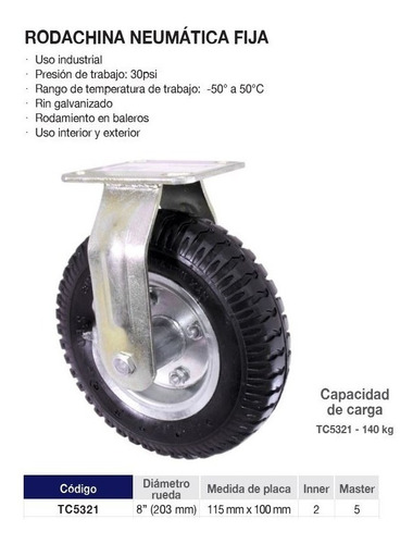 Llanta Neumatica, Rodachina 8'' Placa Fija Toolcraft Tc5321