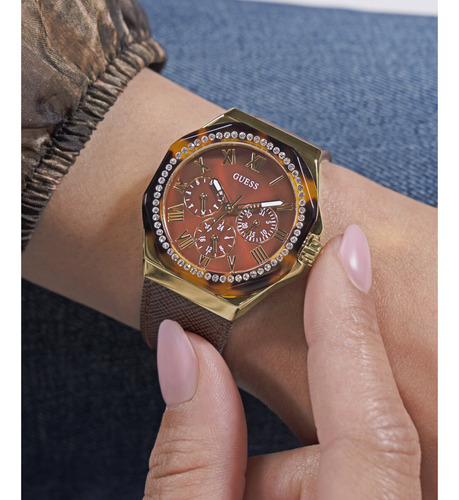 Reloj Guess Glaze Mujer Gw0753l3 Dorado. Correa Marrón Bisel Dorado Fondo Marrón