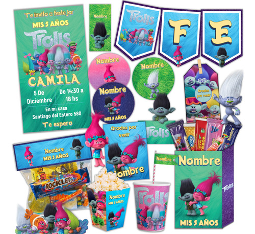 Kit Imprimible Cumpleaños Candy Bar Trolls Editable