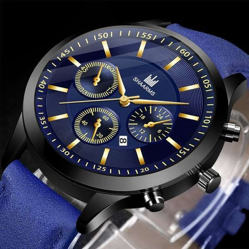 Relógio Shaarms Masculino Pulseira De Couro Azul